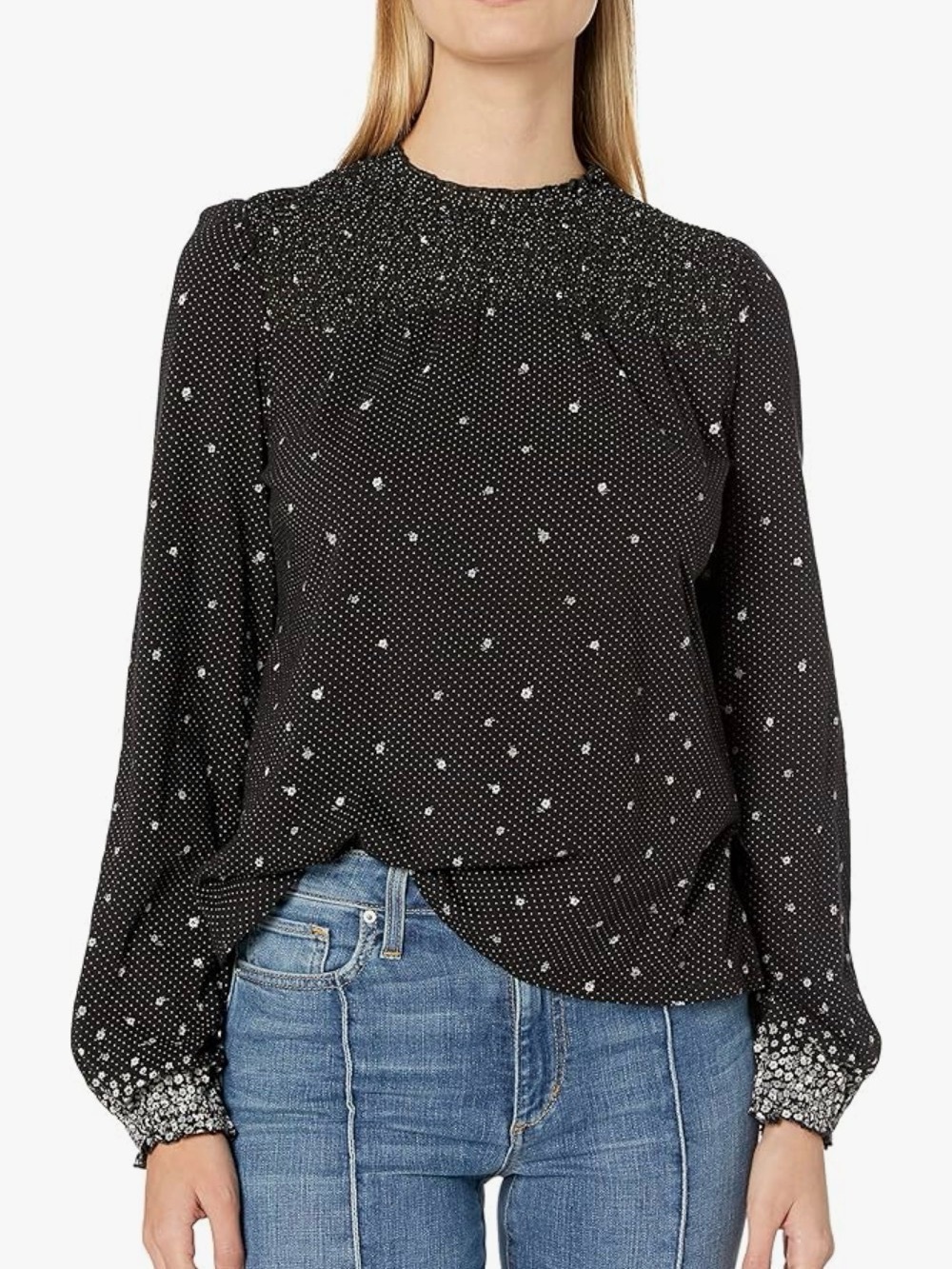 Lucky Brand Womens Long Sleeve Smocked Yoke Peasant Top